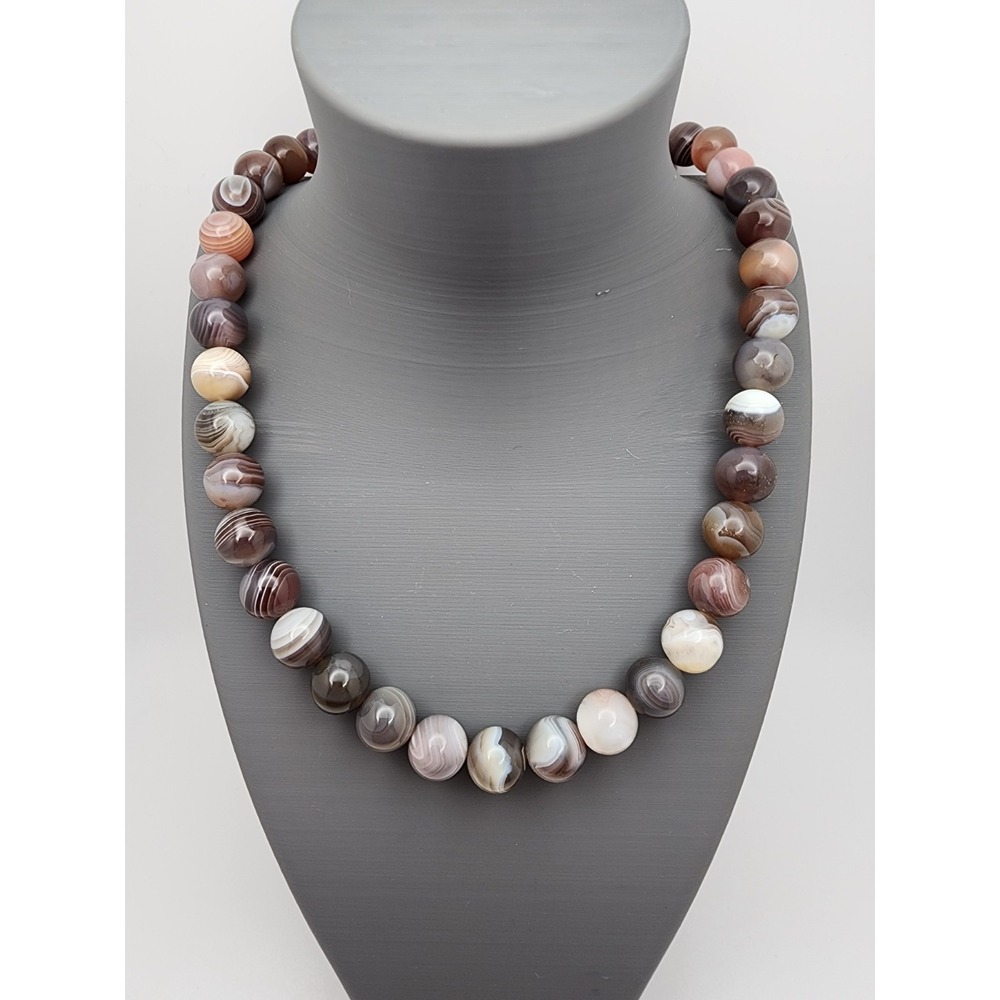 Natural Botswana Agate Round Smooth Gemstone Beaded Necklace Artisan Handmade